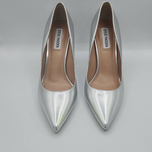 Steve Madden Evelyn Silver Stiletto Heeled Pointed Toe Slip On Dress Pumps Sz 9 - Picture 1 of 11